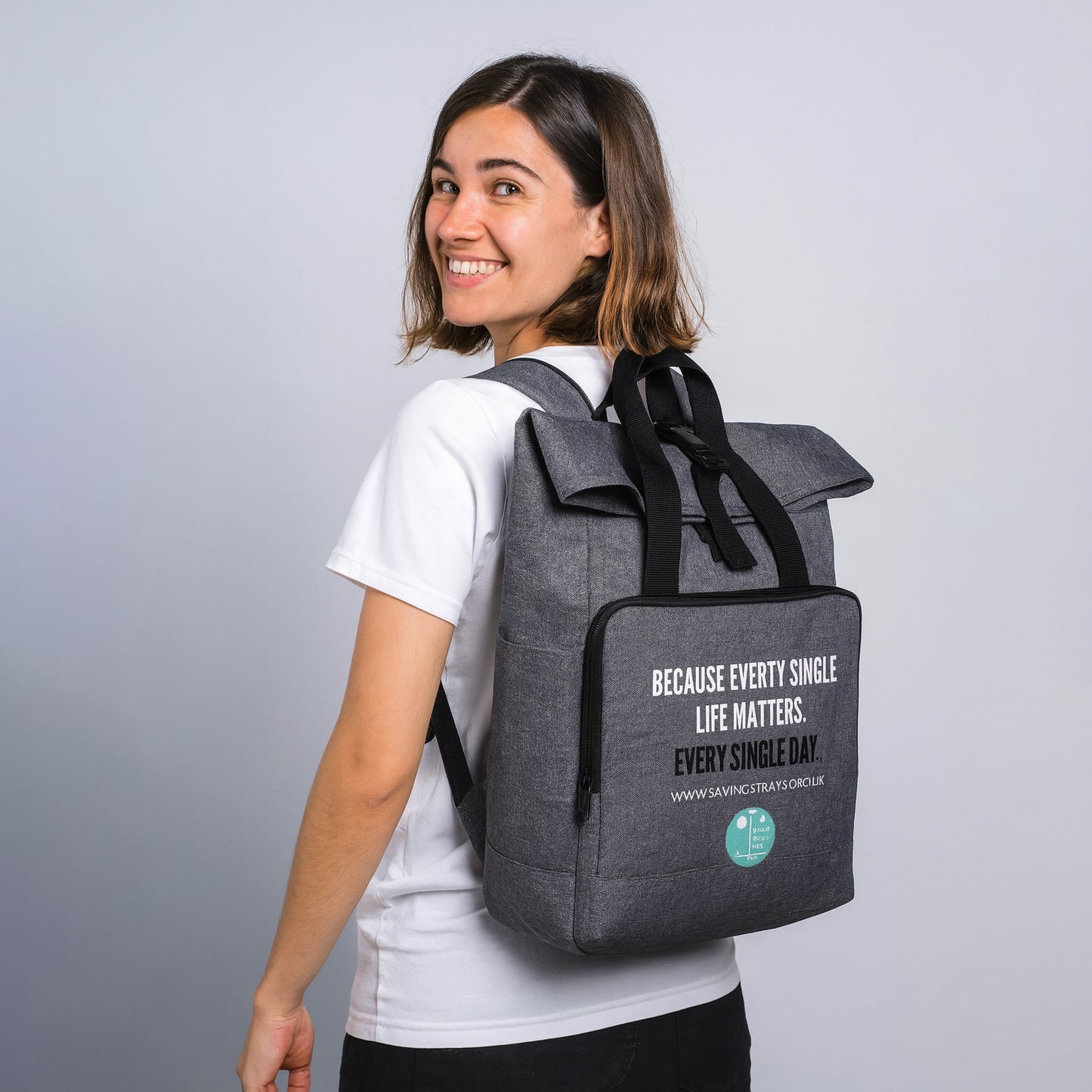 Saving Strays 365 Club Recycled Twin-Handle Roll-Top Backpack